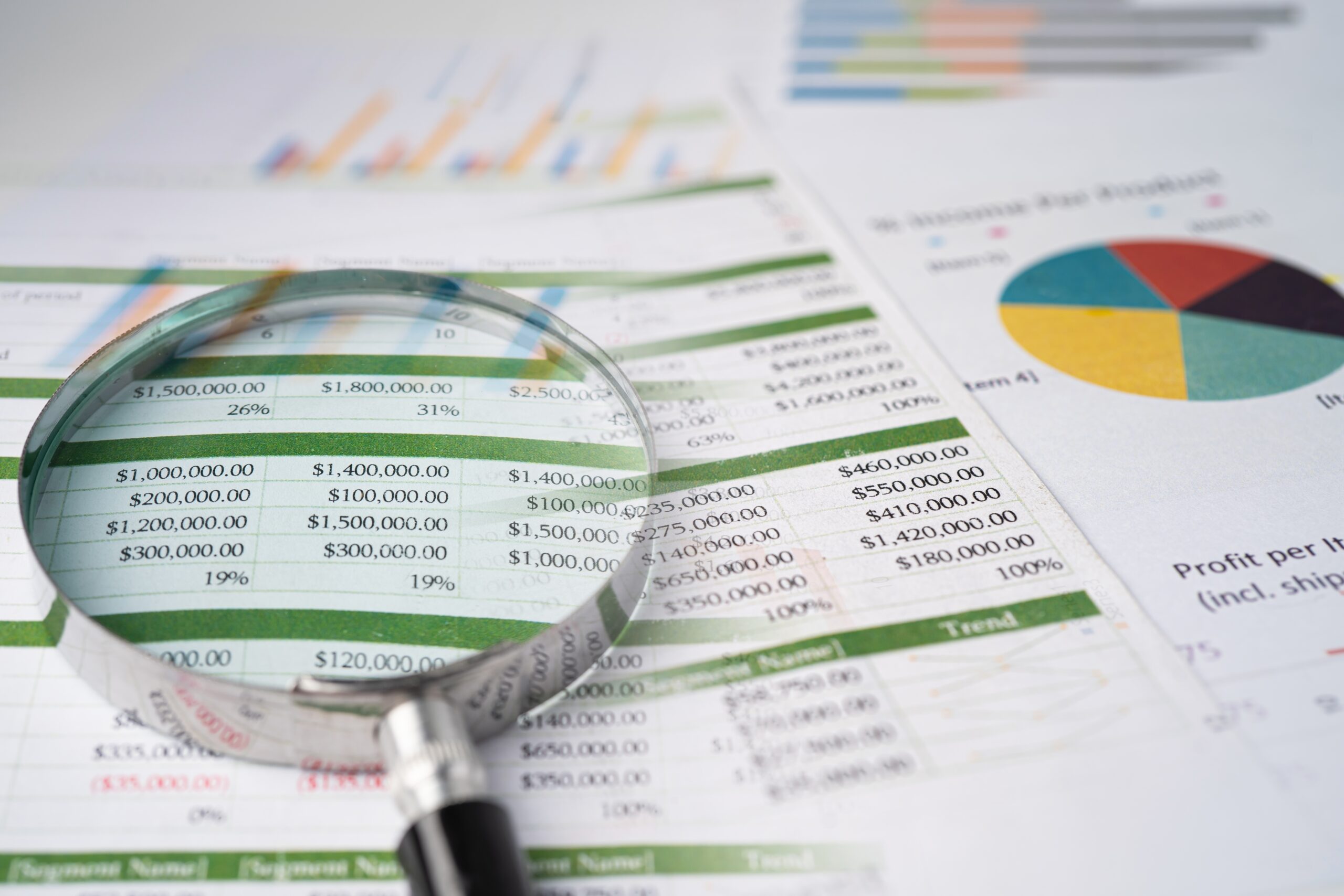 Magnifying,Glass,On,Charts,Graphs,Paper.,Financial,Development,,Banking,Account,
